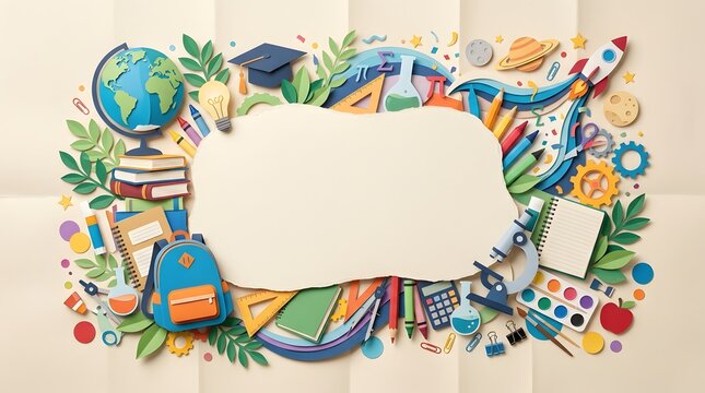Brushes and colorful school supplies border background
