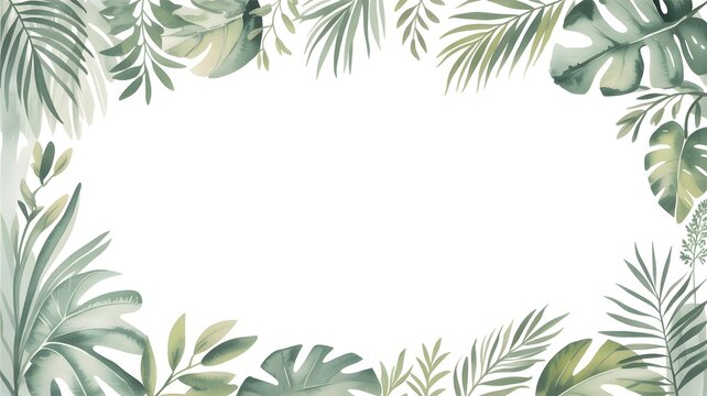 Watercolor tropical plant frame featuring exotic monstera palm leaves for elegant wedding invitations and decorative stationery