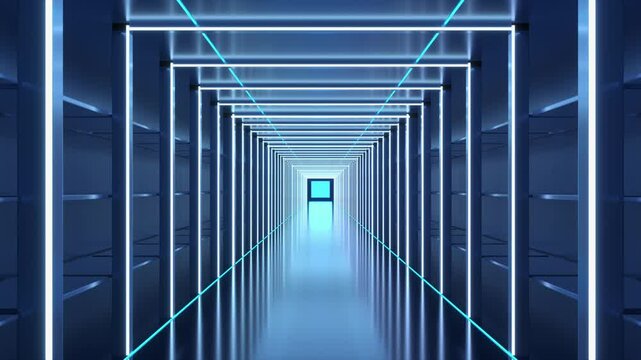 Blue neon rectangular light corridor depth perspective animation