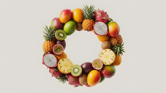 Colorful assortment of fresh tropical fruits arranged in a circular wreath against a clean background