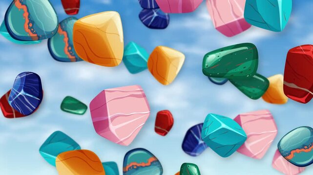 Colorful Polished Gemstones and Crystals Falling Through a Blue Sky