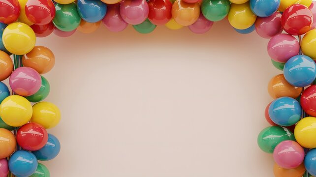 Vibrant colorful glossy spheres frame a soft neutral background creating a playful festive birthday celebration border