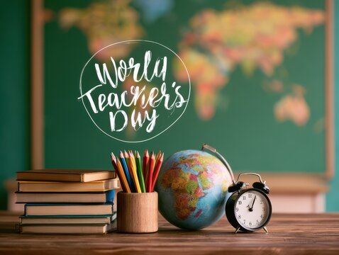 World teachers day celebration with books, pencils, globe and alarm clock