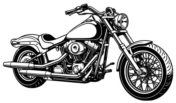 Classic chopper motorcycle black and white line art detailed vector illustration for automotive design template