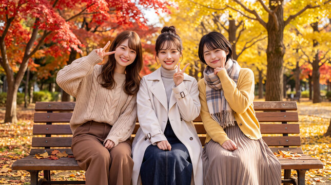 紅葉した公園のベンチで笑顔でピースサインをする女性3人（秋の行楽・女子旅・紅葉狩り）