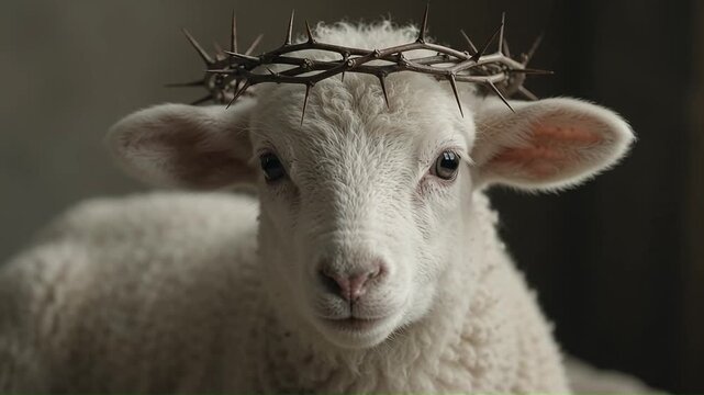Young White Lamb Wearing A Crown Of Thorns Looking Into Camera