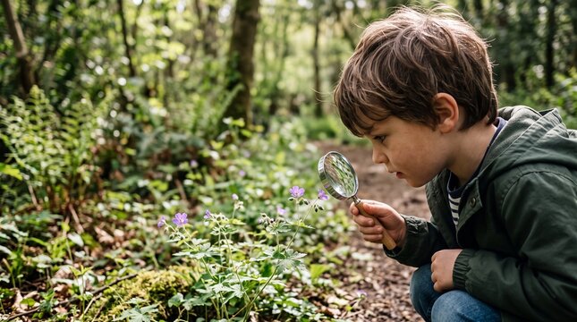 Curiosity in the Forest: A young boy, engrossed in discovery, peers through a magnifying glass at the intricate details of the forest floor, surrounded by lush greenery and dappled sunlight.