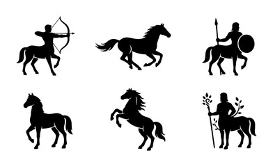 Fototapeta premium 70 Mythical Centaur Zodiac Icons, Horse Constellation Silhouettes, Ancient Greek Mythology Vector Graphics, Astrology Symbols Collection 100