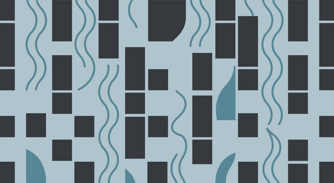 Abstract seamless pattern featuring dark gray rectangles and light blue wavy lines on background
