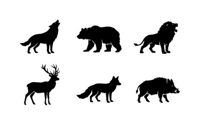 Obraz premium 70 Wild Animal Silhouettes Collection: Howling Wolf, Bear, Lion, Deer, Fox, and Boar Vector Icons for Nature and Wildlife Designs 100