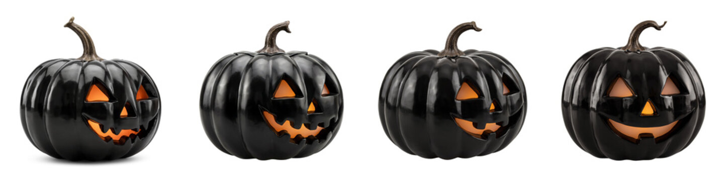 Glossy black jack-o-lantern set with playful glowing faces