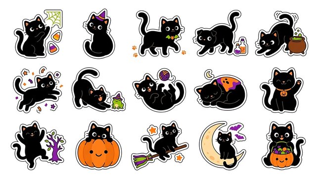 Set of cute black cat illustrations for halloween featuring various poses and festive holiday elements on white background