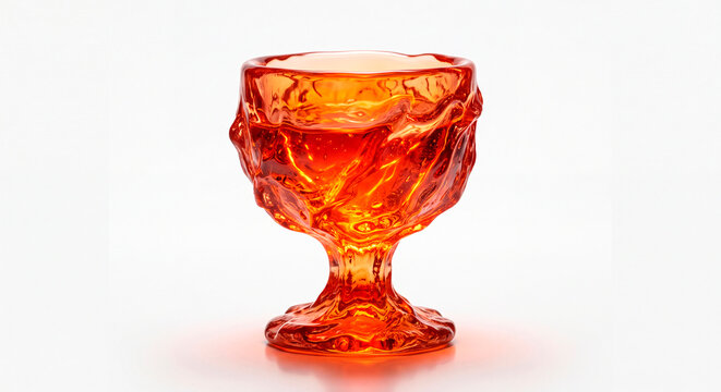 Bicchiere in vetro arancione con texture irregolare che richiama la lava fusa, isolato su fondo neutro. Ideale per temi design, artigianato, materiali, calore, texture e oggetti decorativi moderni.