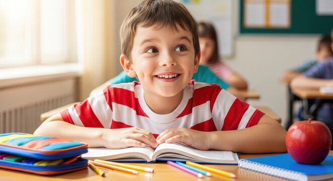 Cheerful schoolboy smiling in classroom with open textbook. Back to school concept for Knowledge Day.