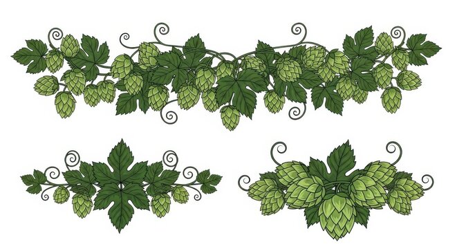 Green hop plant leaves and cones decorative set