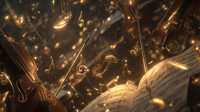 Violin sits beside an open sheet music book while golden musical notes dance through the air in a warm and cinematic scene.