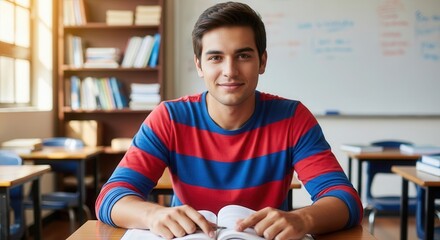 Obraz premium Young male student sitting at a desk holding an open textbook in a classroom. Back to school concept for Knowledge Day.