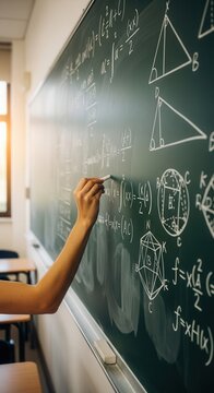 Student hand writing mathematical equations on a green chalkboard. Back to school concept for academic learning and education.