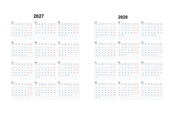 Plain 2027 2028 Calendar Spread, minimal two year layout with quarterly month rows