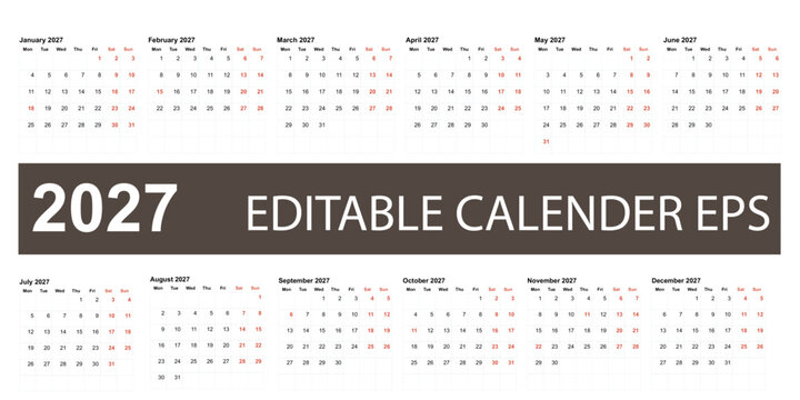 Panoramic 2027 Calendar Banner, ultra wide twelve month layout for office walls
