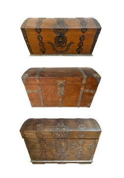 Group of old wooden chests isolated on white background