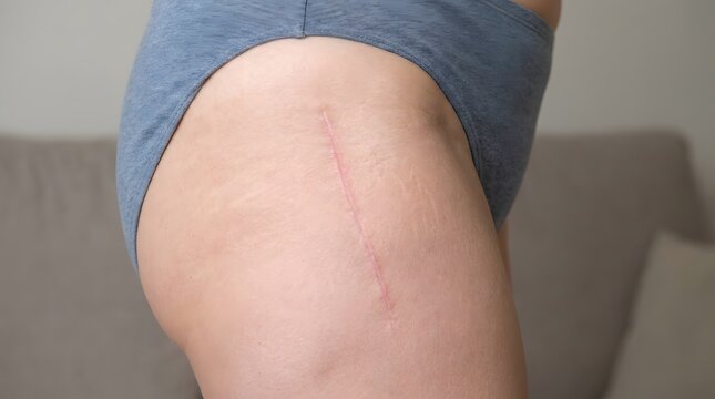 Healed Hip Replacement Surgery Scar on Senior Patient, Orthopedic Postoperative Recovery Concept