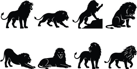 Naklejka premium Solid Black Lion Silhouettes Set Collection Vector Isolated on White Background for Logo and Branding