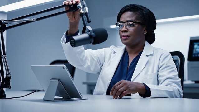 African American female doctor in white coat, adjusting professional microphone, recording medical podcast in modern clinic office, confident professional expression