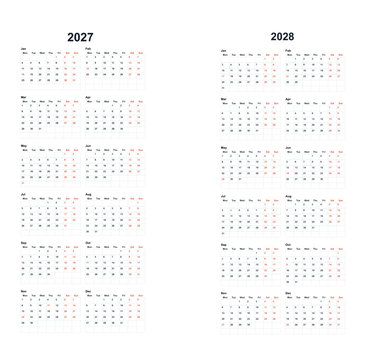 Square 2027 2028 Calendar, two year portrait planner with stacked six row grids