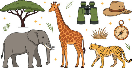 Obraz premium African Safari Animals and Adventure Equipment Vector Illustration Set with Elephant and Giraffe