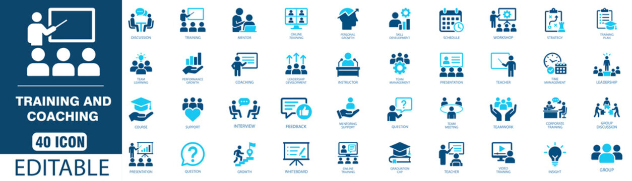 Set of 40 training and coaching icons, professional business education and development symbols for corporate learning and management editable  vector illustration 