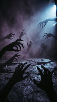 Spooky scene with multiple shadowy hands reaching from a dark, textured ground, symbolizing fear, horror, and the unknown with dramatic lighting