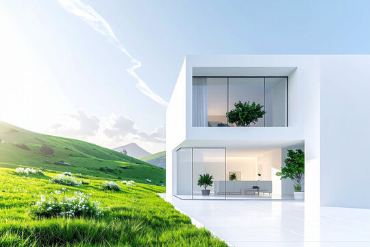 Abitazione moderna con ampie vetrate e interni visibili, circondata da prato e colline. Ideale per temi architettura contemporanea, design minimalista, lusso e vita sostenibile.