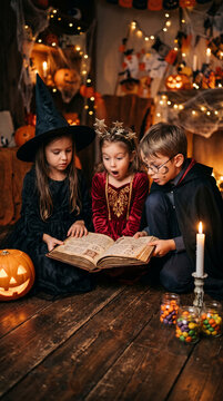 Children in costumes read a spooky book by candlelight on Halloween night, representing holiday traditions and festive celebrations