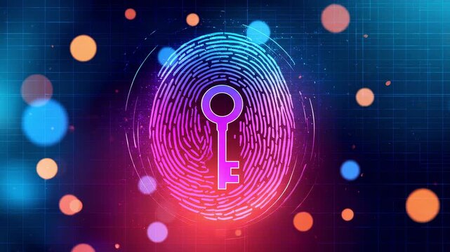 Futuristic cybersecurity concept featuring a glowing fingerprint and padlock surrounded by digital interface elements. 