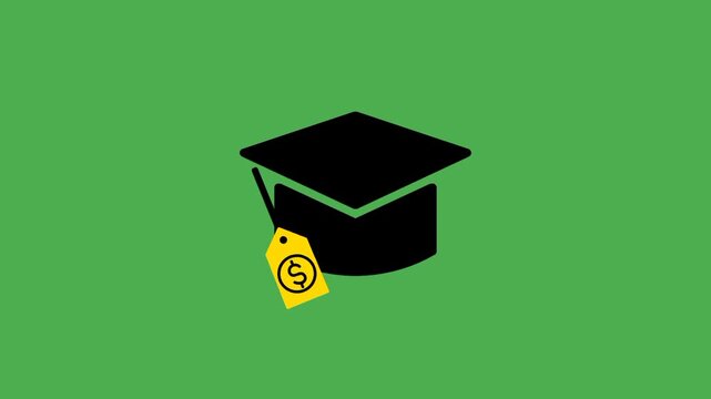 Education cost icon featuring a graduation cap and hanging price tag, representing tuition fees, academic expenses, and the financial cost of education.