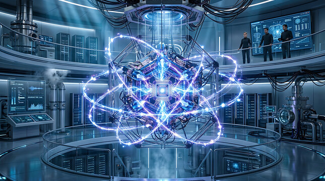 Futuristic quantum computer core with glowing atomic orbits in a high tech laboratory.