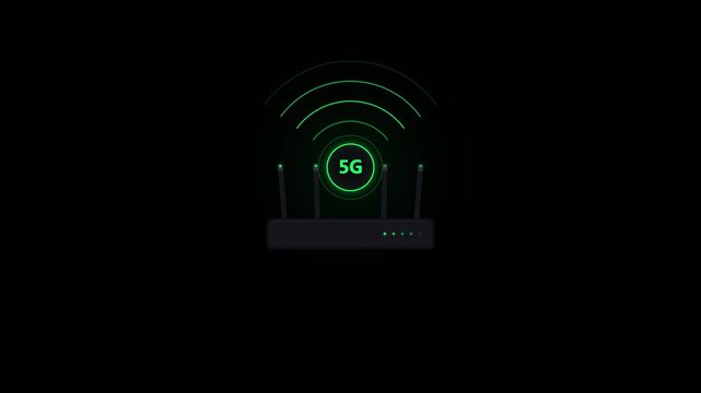 Neon 5G wifi router animation, glowing green wireless modem signal waves loop on dark background 4k