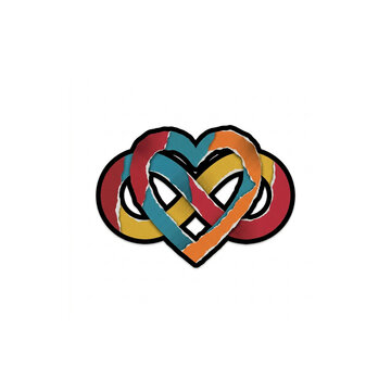 Abstract infinity heart symbol with vibrant torn paper texture design.