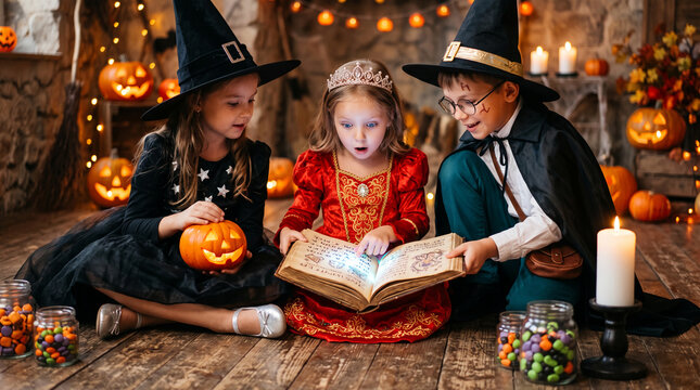 Three children in Halloween costumes read a glowing book amidst pumpkins and candles, symbolizing festive magic and shared wonder.