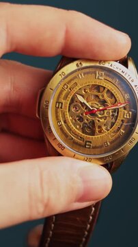 Close-up of a vintage automatic mechanical watch with exposed gears