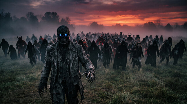 A horde of undead figures with glowing eyes approaches through a misty field at twilight, symbolizing fear, horror, and the supernatural, suitable for Halloween or spooky themes.