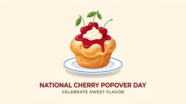 National Cherry Popover Day Celebration Banner Vector Illustration with Baked Popover in Blue Dish and Cherry Sauce