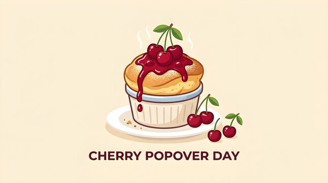 National Cherry Popover Day Celebration Banner Vector Illustration with Baked Popover in Blue Dish and Cherry Sauce