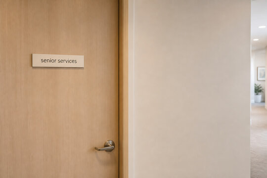 A wooden door with a "senior services" sign and a silver handle is visible next to a plain white wall in an indoor hallway.