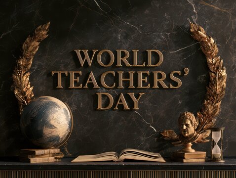 World teachers day celebration with globe, books and laurel branches