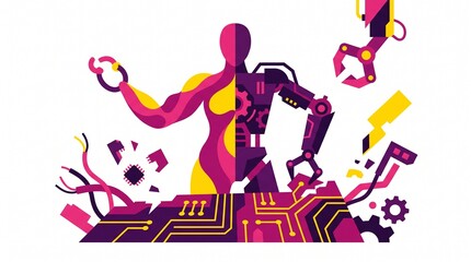 Fototapeta premium Flat Illustration of Split Human and Robot Figure Interacting with a Circuit Board