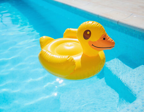 A yellow duck inflatable floatie floating in the sunny swimming pool water, representing a summer vacation and child swimming pool activities concept.
