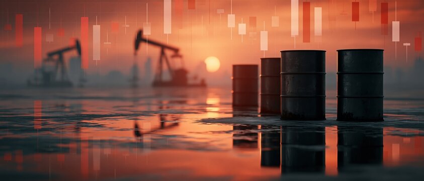 Volatile crude oil markets visualized through steel barrels and bearish candlestick charts at dramatic red sunset. Ideal for energy sector news, commodity trading, financial risk, and.