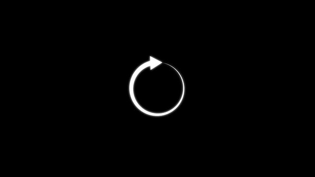 Circle arrow refresh and reload icon animation with loading progress on black background.Minimalist circular loading progress bar and rotating arrow animation pack, 4k animation video